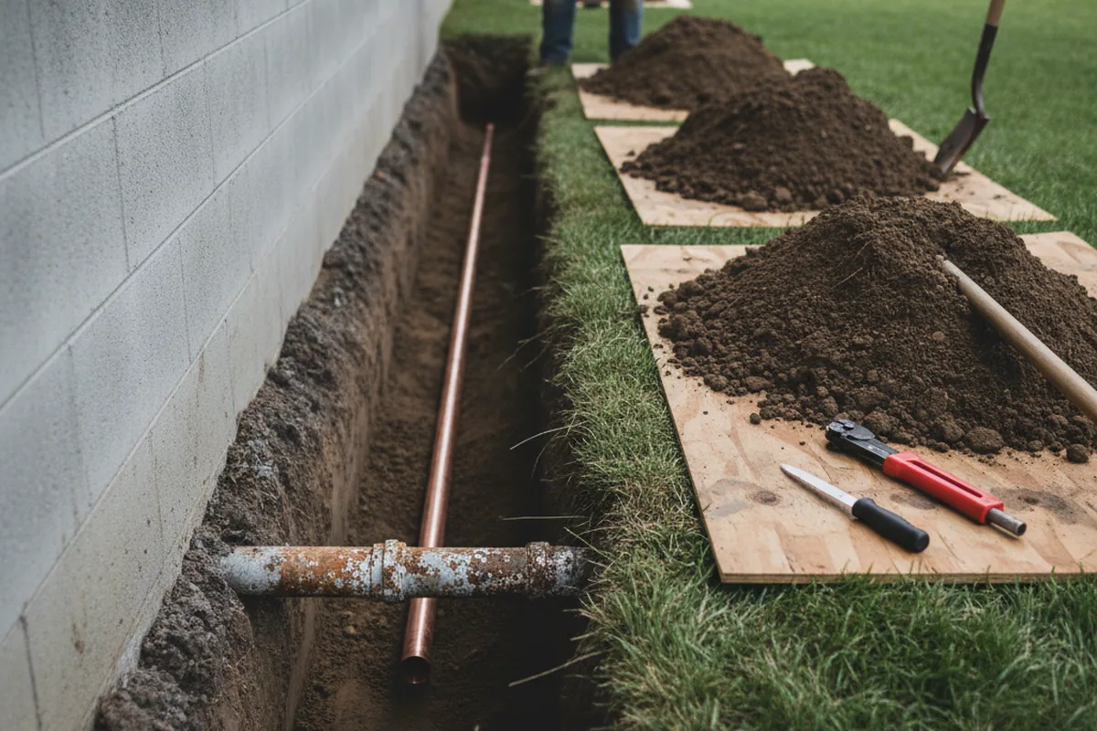 Excavated water line trench during Water Softener Installation in Vineyard